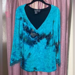 Vintage Y2K Carole Little Blue Tie-Dye Top w/ Beaded Trim